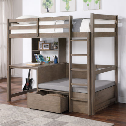 Modern Transitional Twin Over Workstation Loft Bed With Storage Box Attached Ladder Workstation And Bookcase, Warm Grey