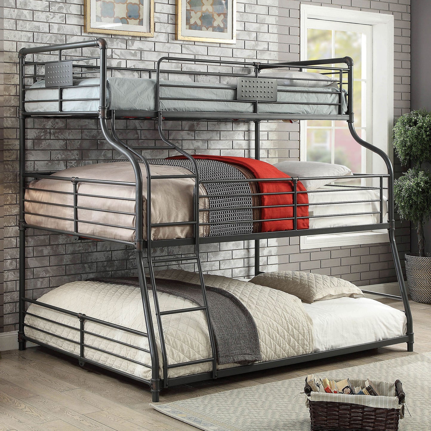 Twin Over Full Over Queen Unique Industrial Style Bunk Bed Full Metal Structure Upper Beds Guard Rails Attached Curved Ladder Antique Black Finish