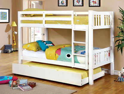 Transitional Style Wooden Bunk Bed Twin Over Twin Attached Footboard Ladder Rails And Lock Joint White  Trundle-Not Included
