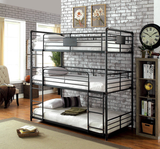 Twin Over Twin Over Twin Bunk Bed Industrial Style Metal Structure Attached Dual Ladder Upper Guard Rails Pipe Framework Antique Black Finish