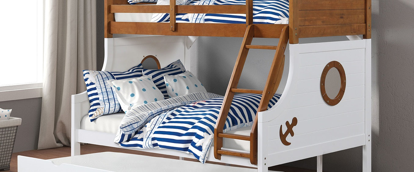 Twin Over Full Bunk Bed - Oak White Finish for Bedroom