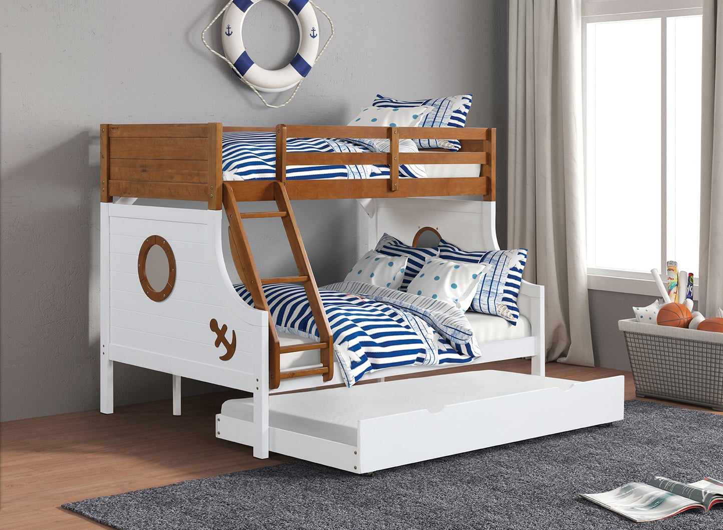 Twin Over Full Bunk Bed - Oak White Finish for Bedroom