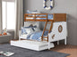 Modern Novelty Style Twin Over Full Bunk Bed With Attached Angled Ladder Rails And Lock Joint Structure For Safety Oak Finish Upper Bed White Finish Lower Bed
