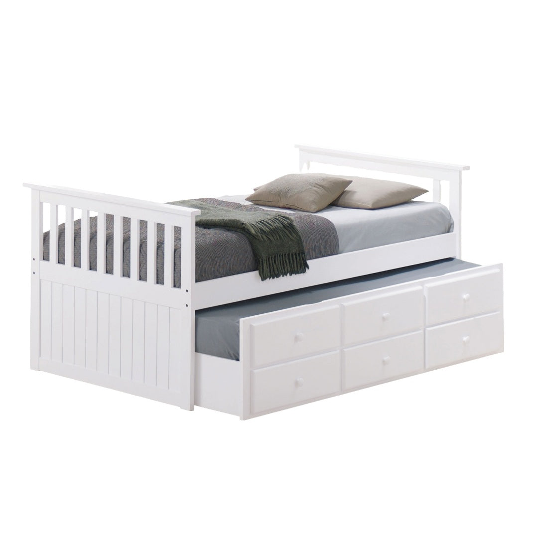 White Captain Bed Frame With Trundle & Storage