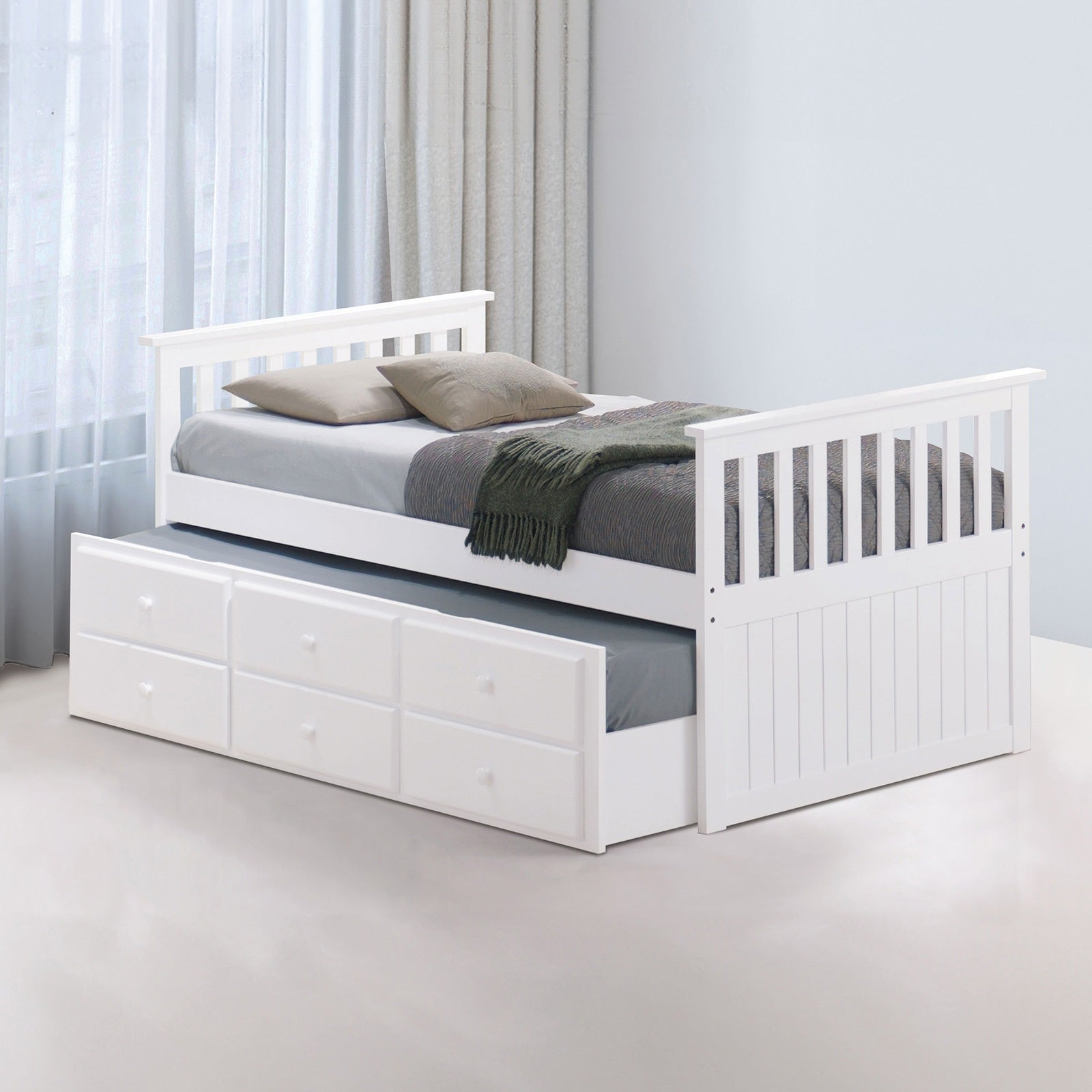 White Captain Bed Frame With Trundle & Storage