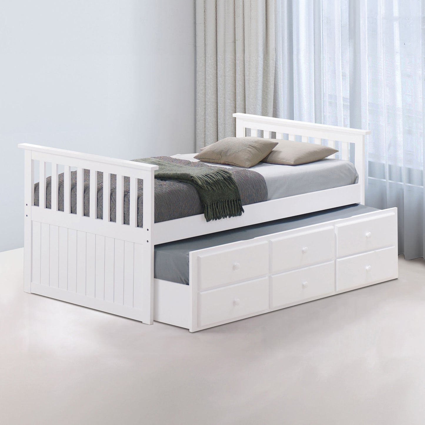 Transitional Style Captain Bed With Trundle And 3 Drawers Attached Slat Design Mortise & Tenon Joint White Finish