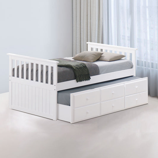 Transitional Style Captain Bed With Trundle And 3 Drawers Attached Slat Design Mortise & Tenon Joint White Finish
