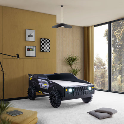 Modern Novelty Style Twin Bed Speed Jeep Design High Gloss Finish LED Night Lights On Headlights Metal Structure Black Finish