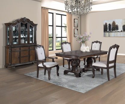 Formal 5pc Rectangular Dining Table 18" Extendable Leaf Side Chair Arm Chair Rich Dark Coffee Brown Finish Intricately Carved Double Pedestal Base Solid Wood Dining Set