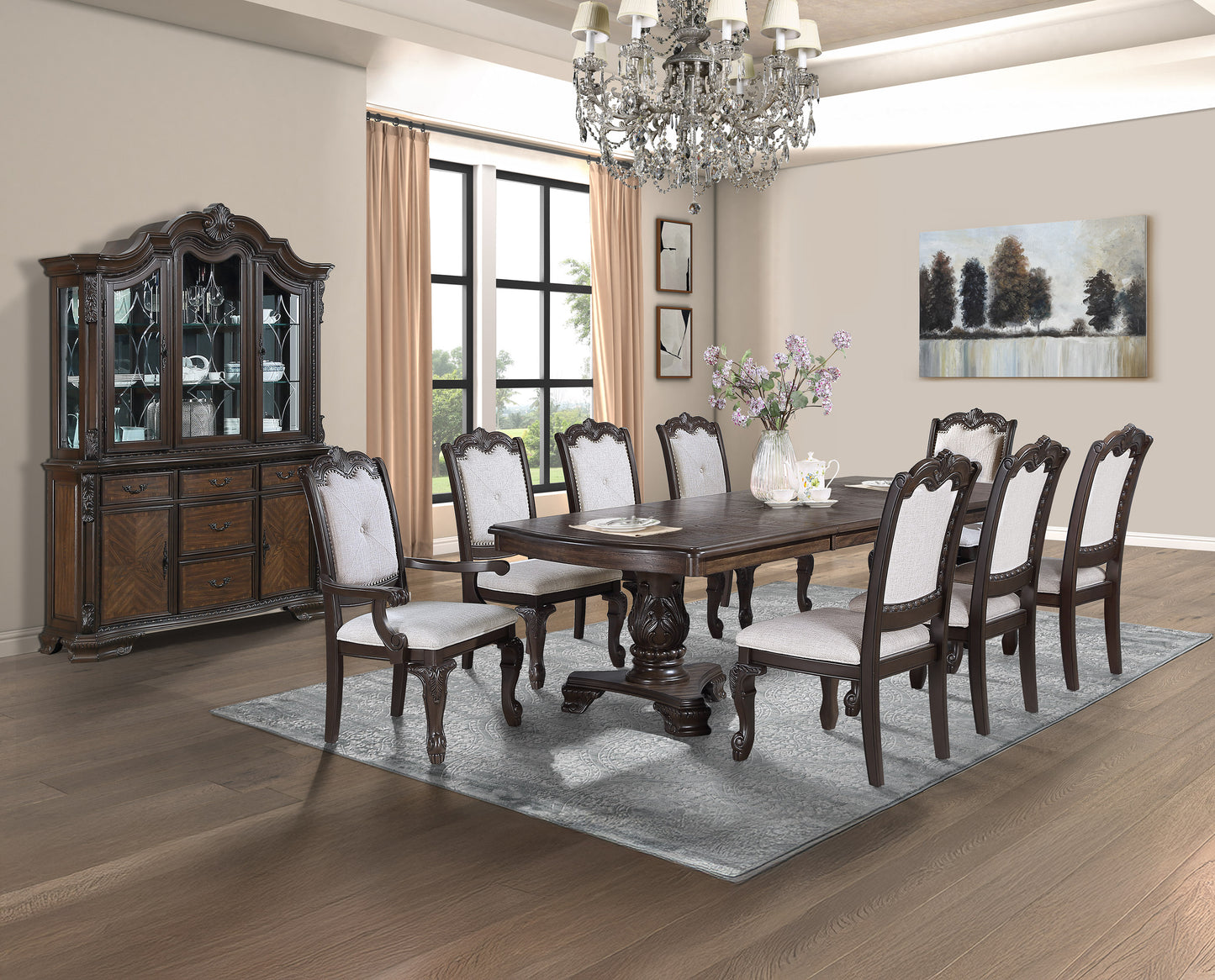 Formal 9pc Rectangular Dining Table 18" Extendable Leaf Side Chair Arm Chair Rich Dark Coffee Brown Finish Intricately Carved Double Pedestal Base Solid Wood Dining Set