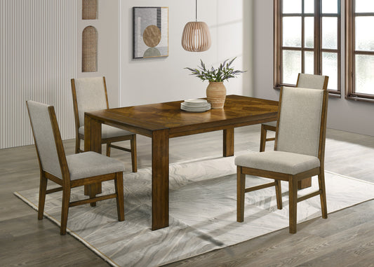 5pc Rectangular Dining Table Handcrafted Feel Solid Wood Tailored Chairs Tufted Upholstered Soft Neutral Fabric Wooden Dining Room Furniture