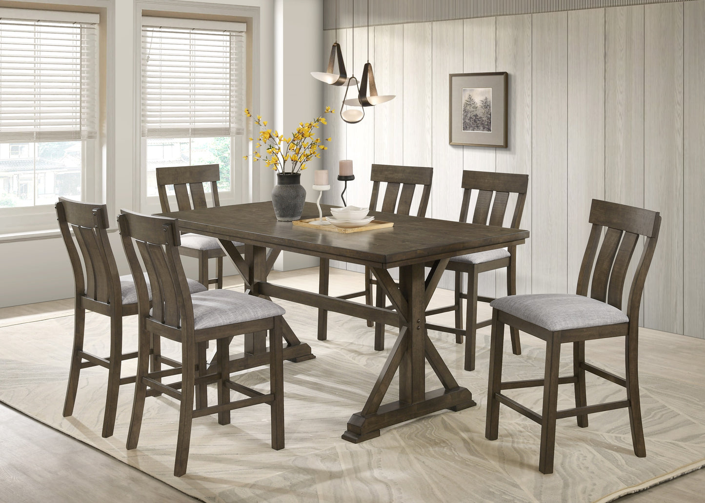 7pc Counter Height Dining Set Beautifully Crafted Dining Table Robust Trestle Base Upholstered Chair Rich Wood Finish Natural Charm Dining Room Furniture Rustic Brown