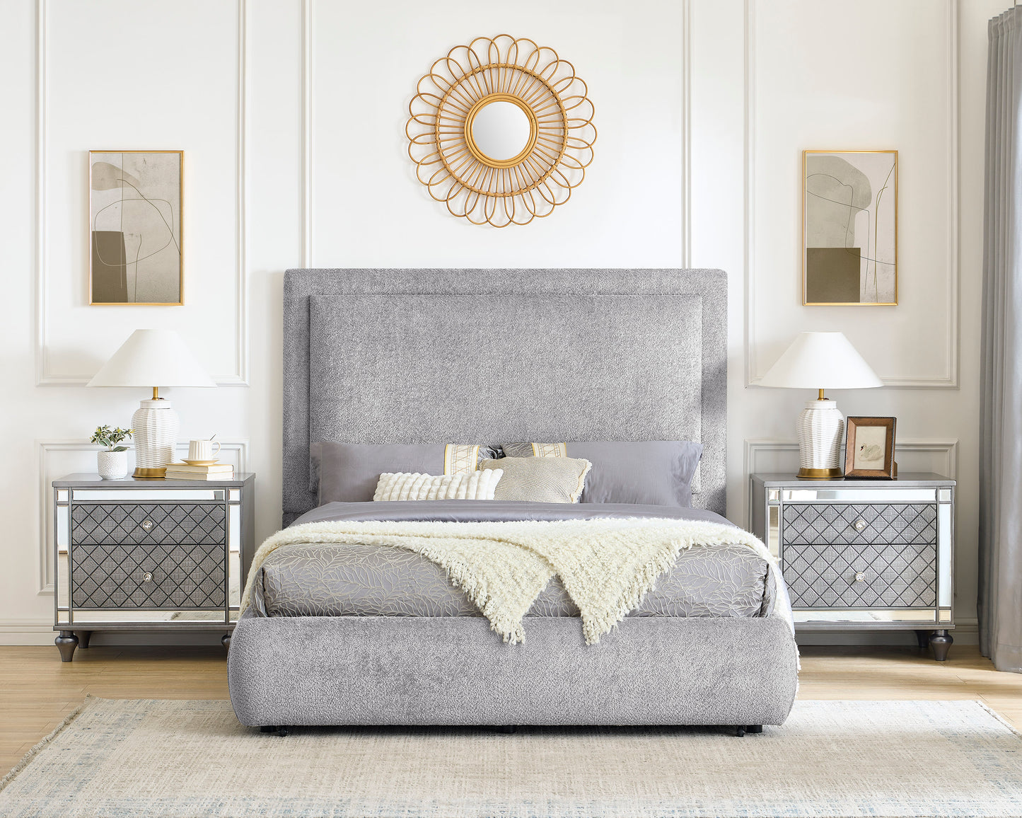 King Wood Bed Frame with Storage and Chenille Upholstery for Bedroom