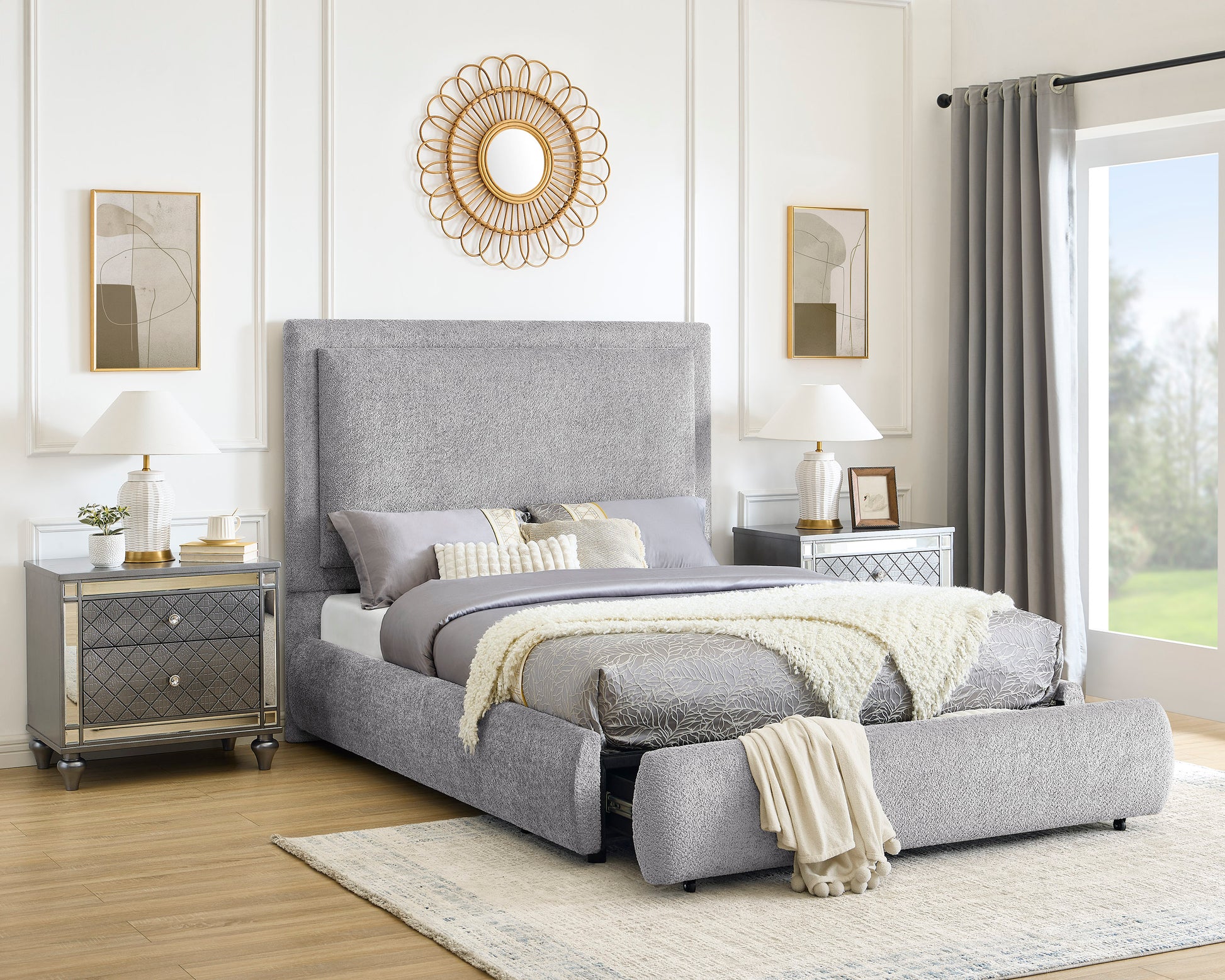 King Wood Bed Frame with Storage and Chenille Upholstery for Bedroom