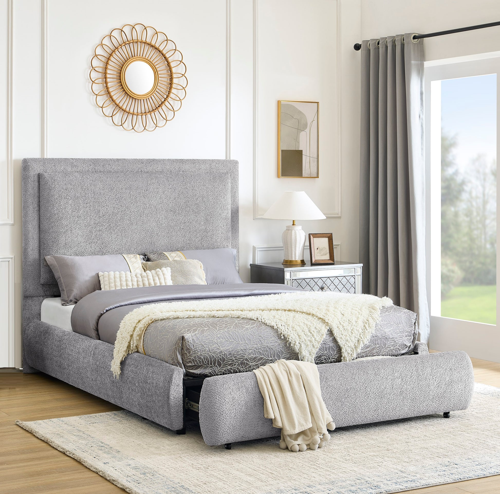 1pc King Size Luxurious Bed Frame Upholstered in a Soft Chenille Fabric High Padded Headboard Sleek Footboard Features Integrated Functionality Offering Hidden Storage Bedroom Furniture Pewter Color