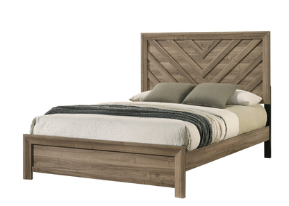 1pc Queen Size Chevron-patterned Headboard Bed Light Brown Warm Wood Finish Wooden Bedroom Furniture