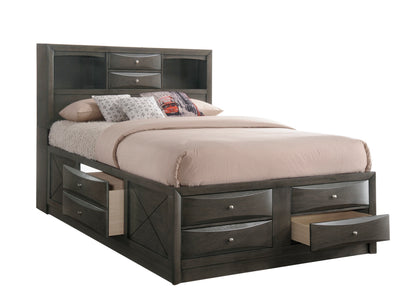 Gray Queen Storage Platform Captain's Bed with Bookcase Headboard Drawers Solid Wood Furniture