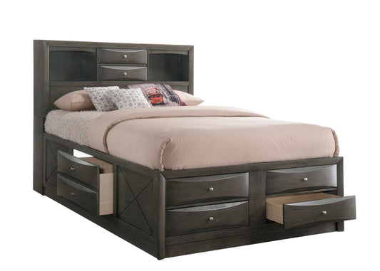 Gray Queen Storage Platform Captain's Bed with Bookcase Headboard Drawers Solid Wood Furniture