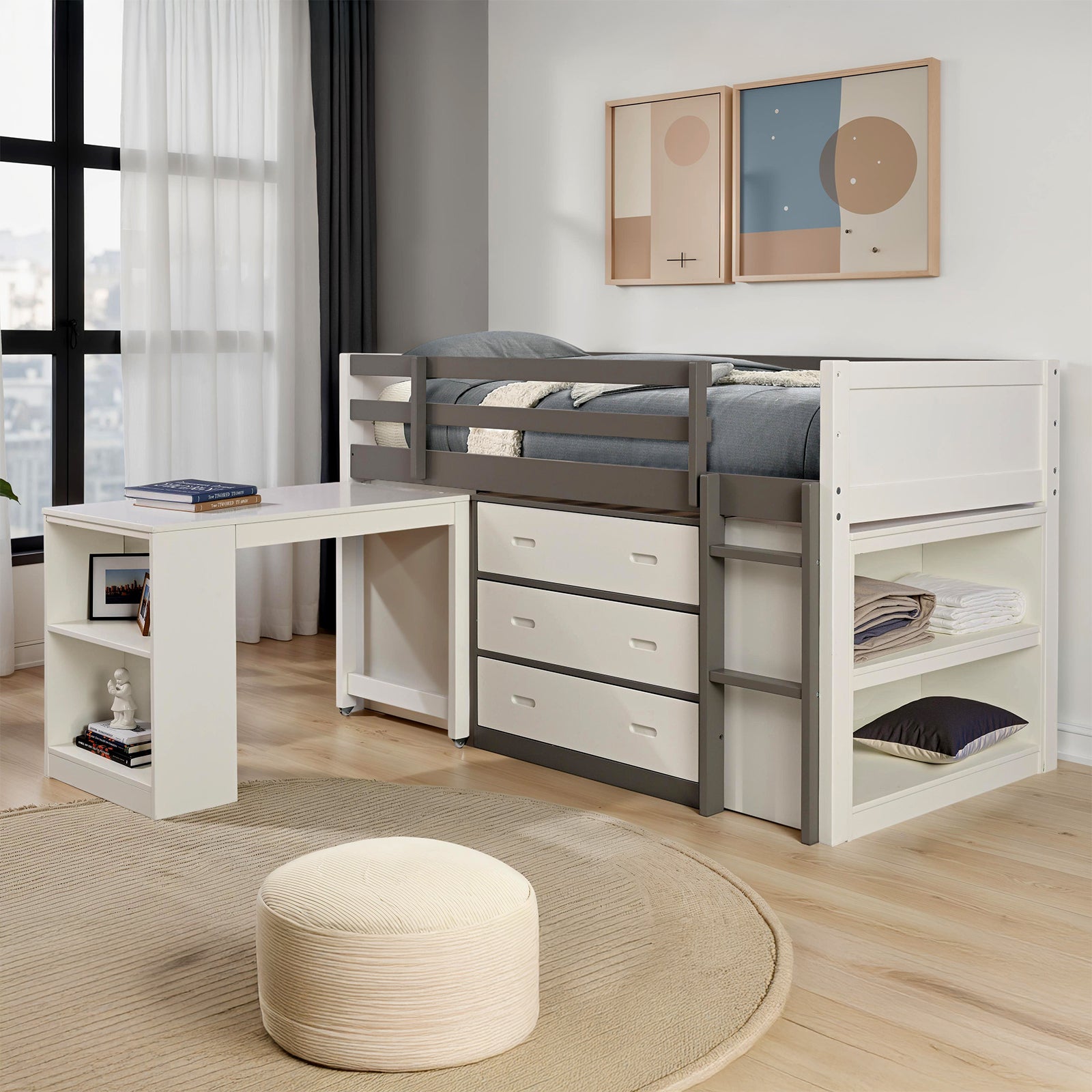 Contemporary Twin Bunk Bed - Gray & White Finish for Bedroom