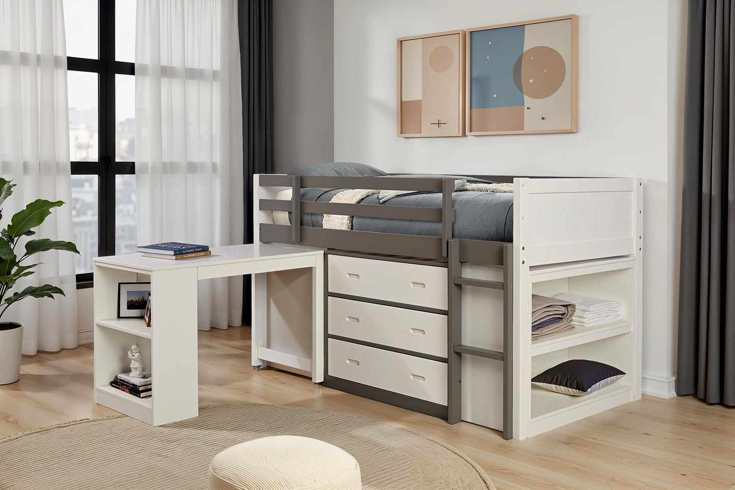 Contemporary Twin Bunk Bed - Gray & White Finish for Bedroom
