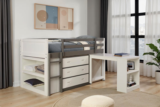 Contemporary Style Twin Bunk Bed Open Shelves Nesting Desk 3 Drawers White And Gray Finish Bedroom Furniture