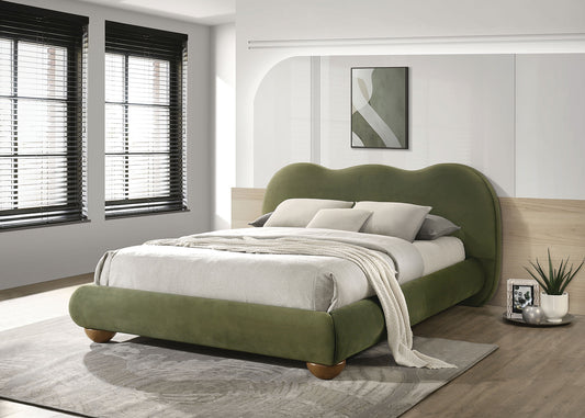 Olive Green Color 1pc Eastern King Size Bed Boucle Upholstered Round Bun Wood Feet Bedroom Furniture