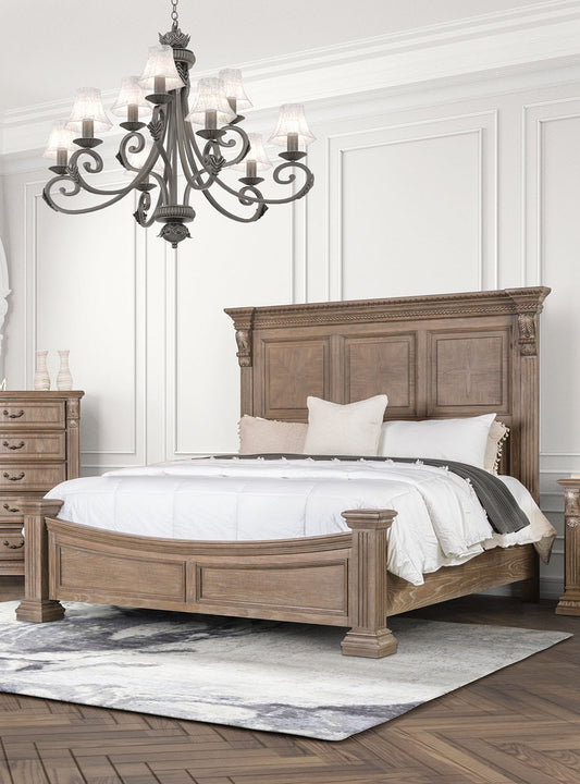 Formal Traditional Look Weathered Oak 1pc Queen Size Bed Panel Headboard Solidwood Carved Details Bedroom Furniture