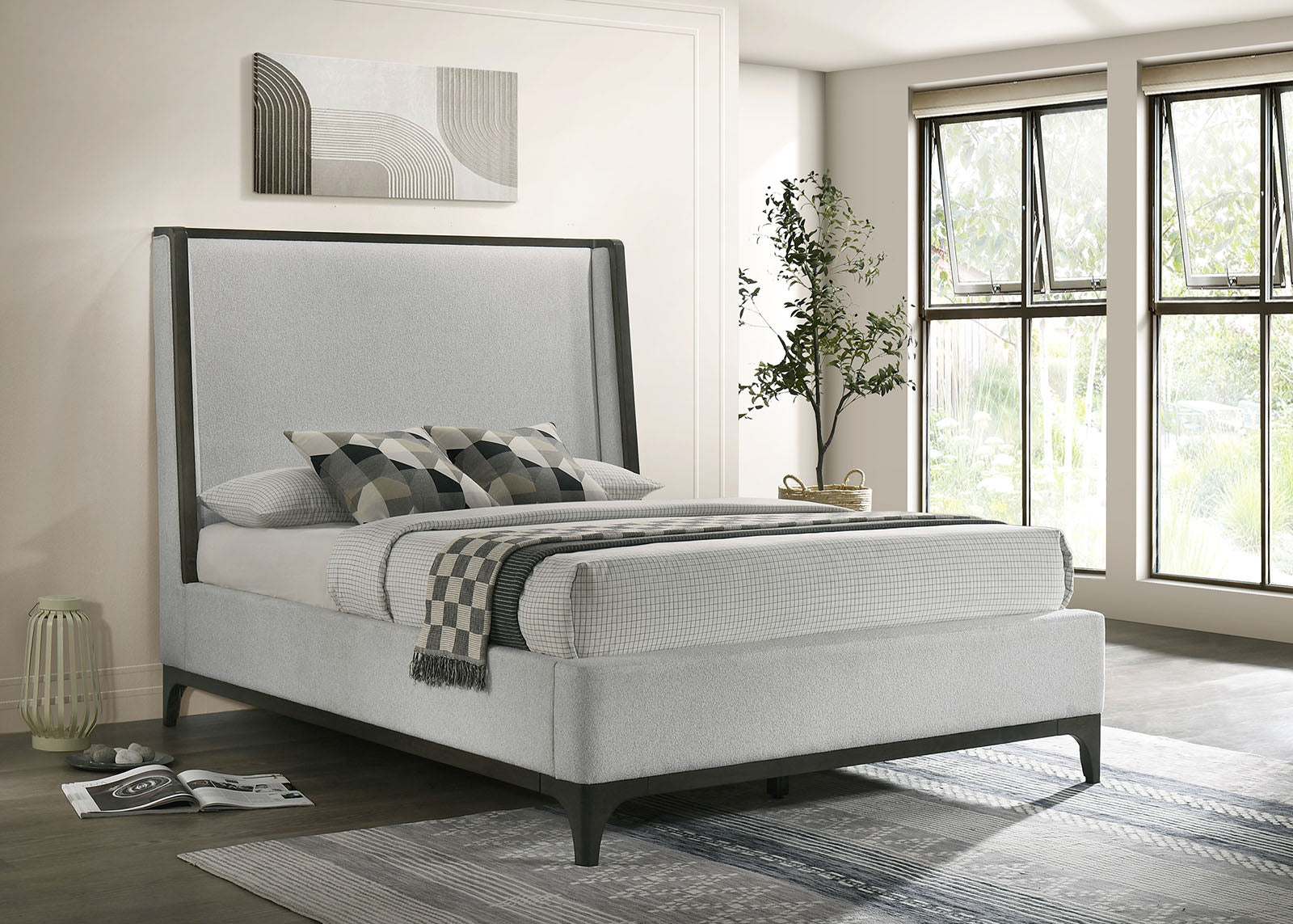1pc Eastern King Size Upholstered Wing back Design Bed Gray Wooden Trim Premium Fabric Bedroom Furniture