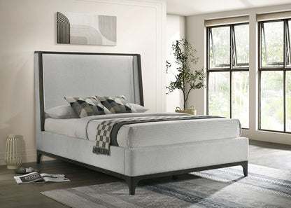 1pc Eastern King Size Upholstered Wing back Design Bed Gray Wooden Trim Premium Fabric Bedroom Furniture