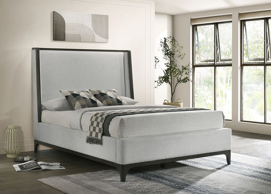 1pc Eastern King Size Upholstered Wing back Design Bed Gray Wooden Trim Premium Fabric Bedroom Furniture