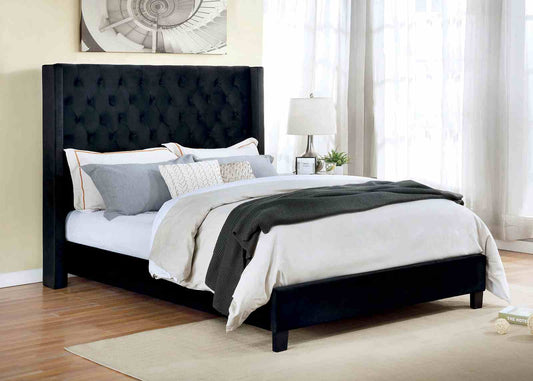 Elegant Black 1pc Eastern King Size Bed Fully Upholstered Frame Fabric Tufted HB Bedroom Wingback Design