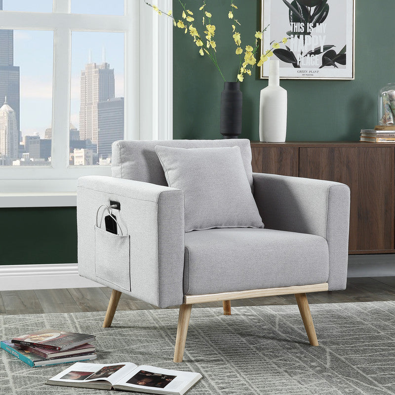 Elio 32.5"W Light Gray Linen Fabric Chair with USB Charging Ports Pockets & Pillows