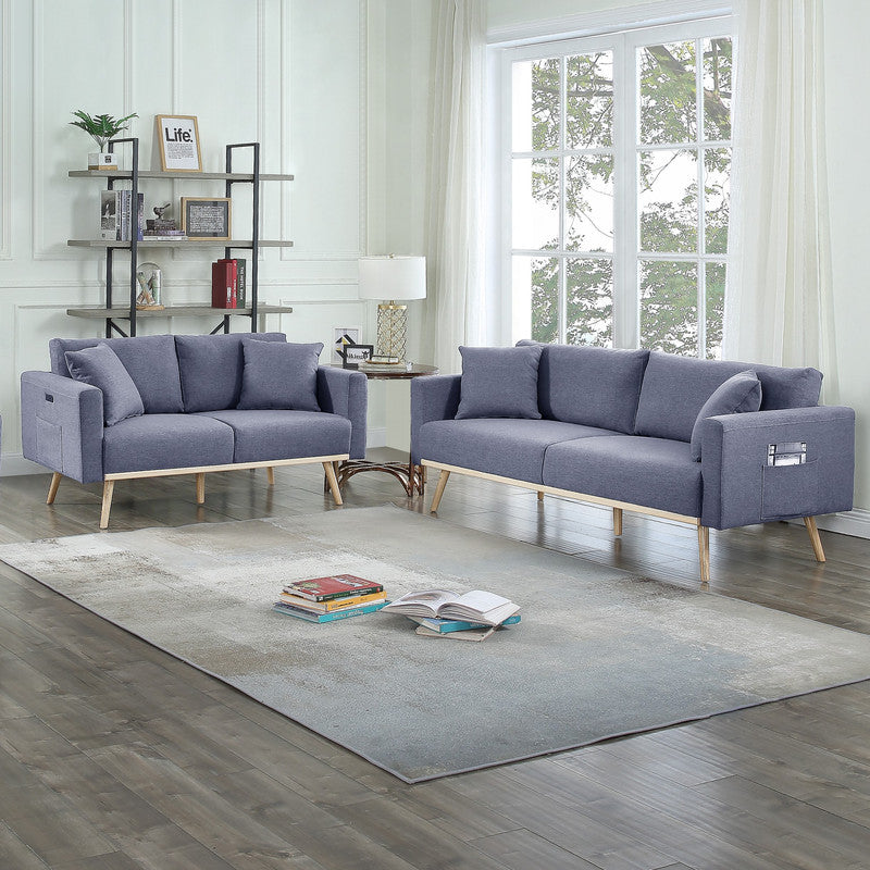 Elio Dark Gray Linen Fabric Sofa Loveseat Living Room Set with USB Charging Ports Pockets & Pillows