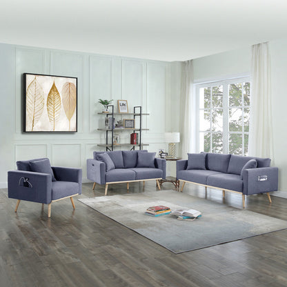 Elio Dark Gray Linen Fabric Sofa Loveseat Chair Living Room Set with USB Charging Ports Pockets & Pillows