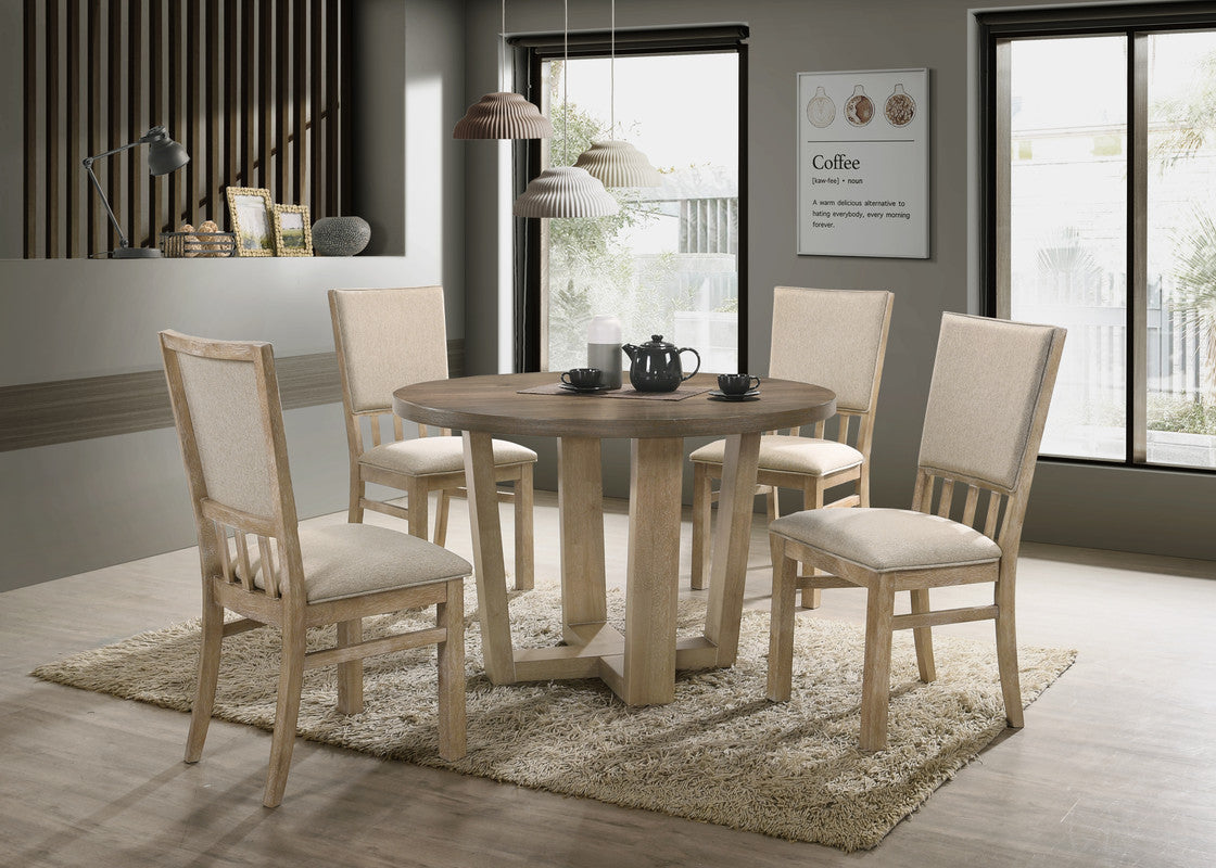 Baldo Vintage Walnut 5 Piece 47" Contemporary Round Dining Table Set with Wheat Colored Fabric Chairs