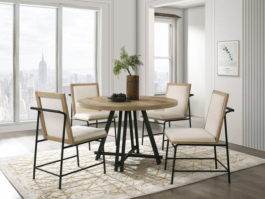 Tiziano Oak Finish 47" Round Dining Table Set with Cream Color Upholstered Chairs