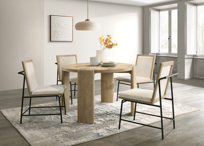 Bruno Oak Finish 47" Round Dining Table Set with Cream Color Upholstered Chairs