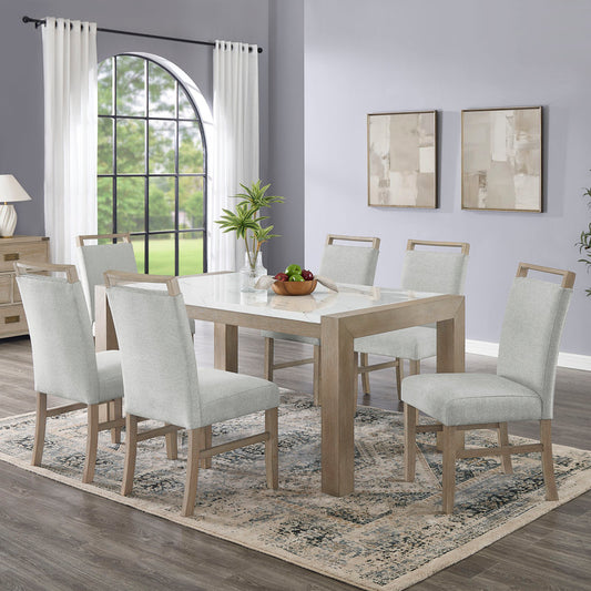 Louisa 7Pc 66" Rectangular White Faux Marble Top Dining Set in Light Oak Finish