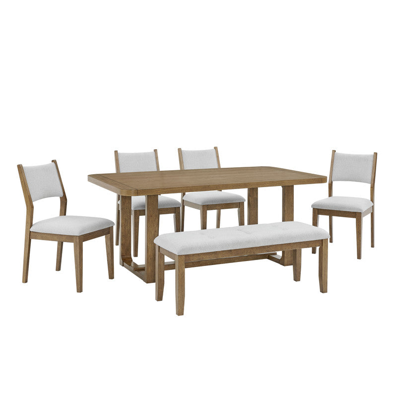 Brown Oak Dining Set - 6 Piece Table with Chairs & Bench