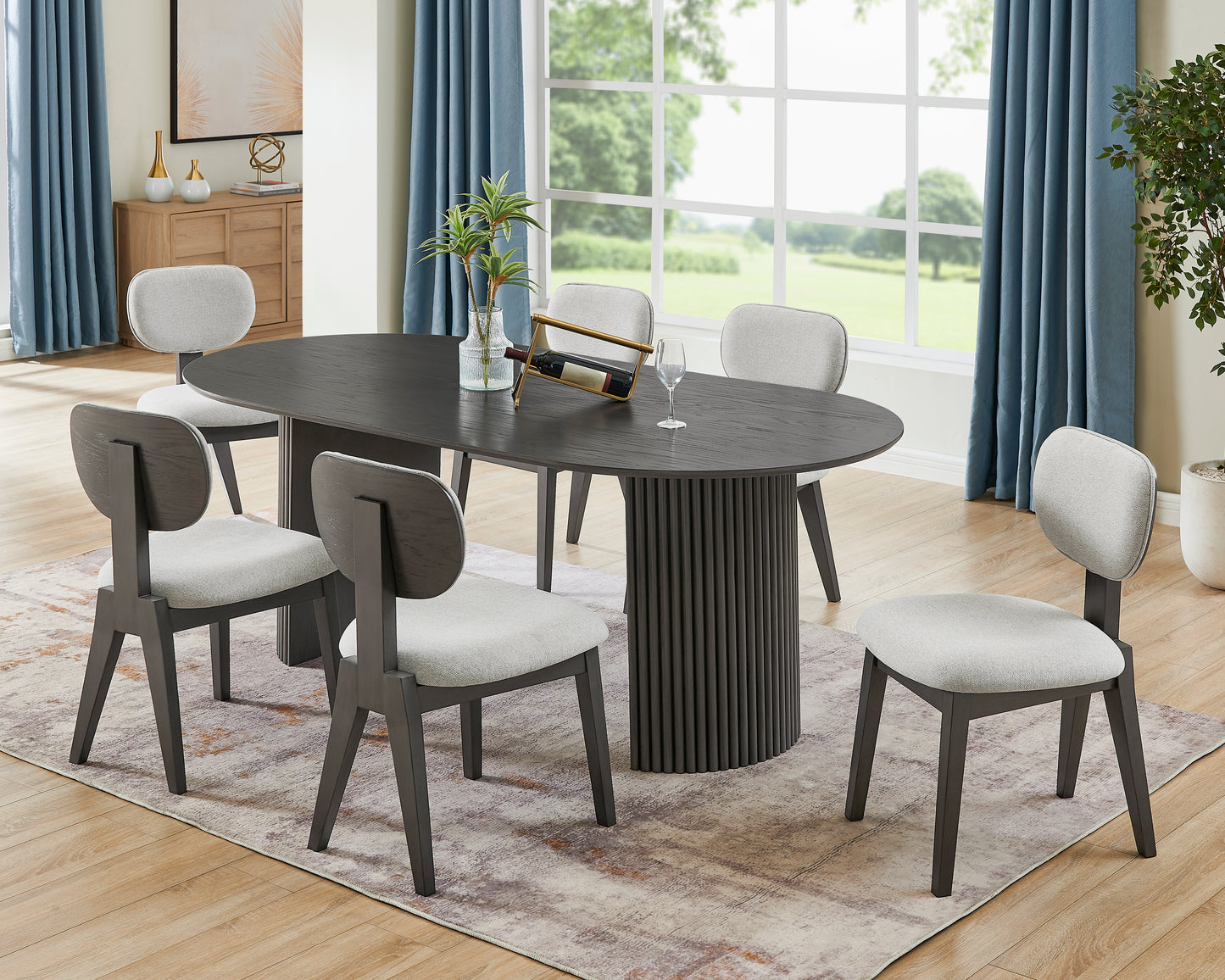Venezia 7-Piece 80" Oval Gray Oak Finish Dining Set with Dual Pedestal Base & Light Gray Fabric Upholstered Chairs