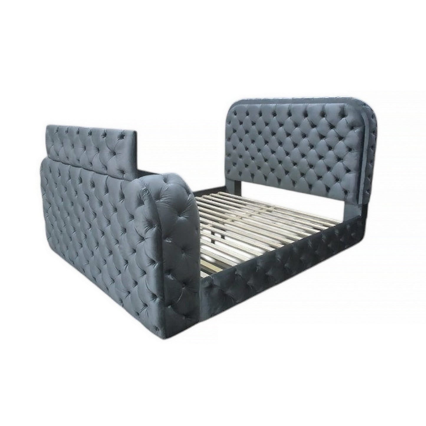 Gray Upholstery Velvet Eastern King Bed w/LED, Fireplace & TV Stand