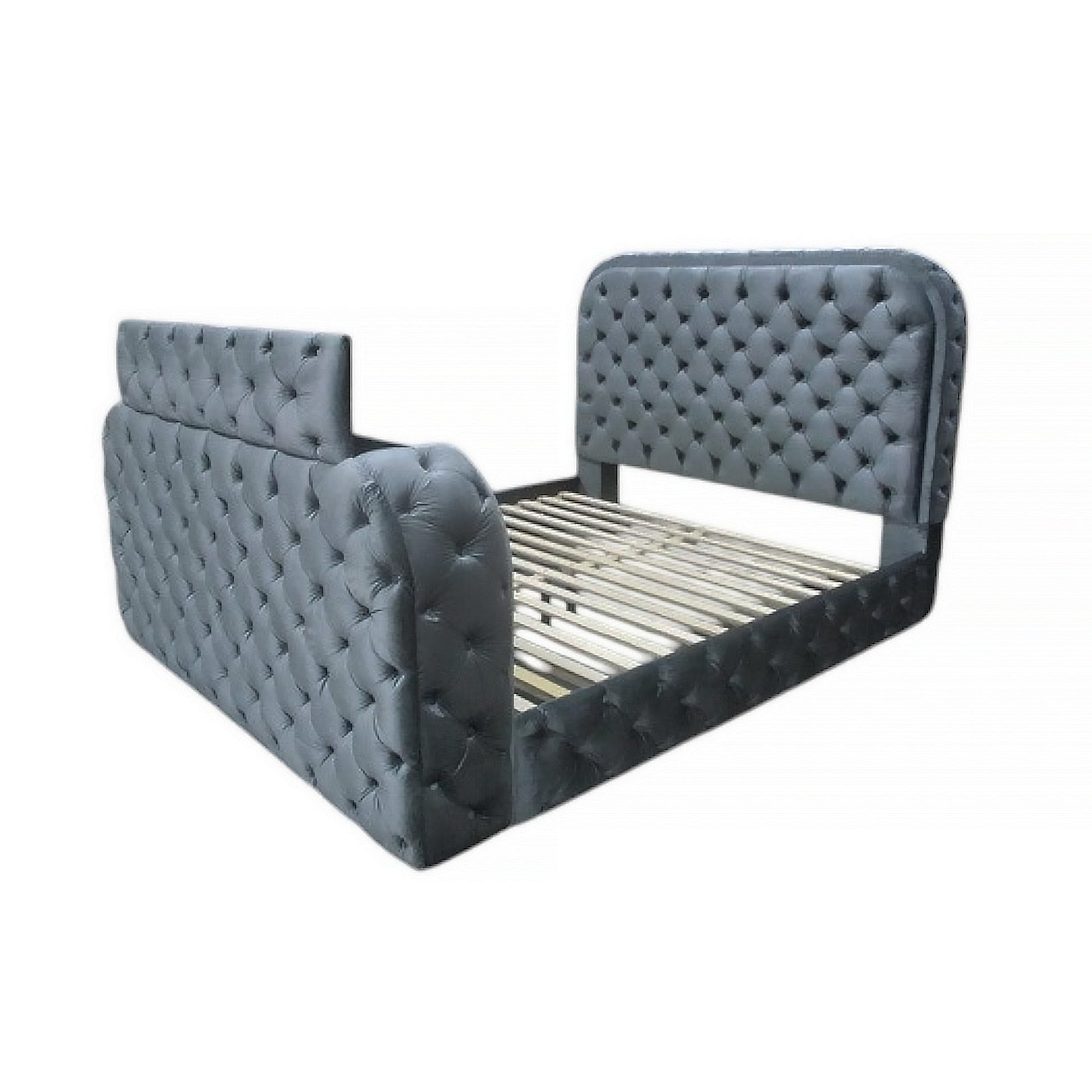 Gray Upholstery Velvet Eastern King Bed w/LED, Fireplace & TV Stand