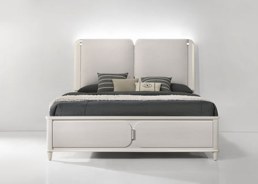 Laveda Light Gray Boucle & Pearl White Finish Queen Bed w/LED