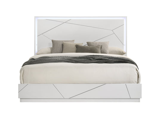 Esther White & Silver High Gloss Queen Bed w/LED