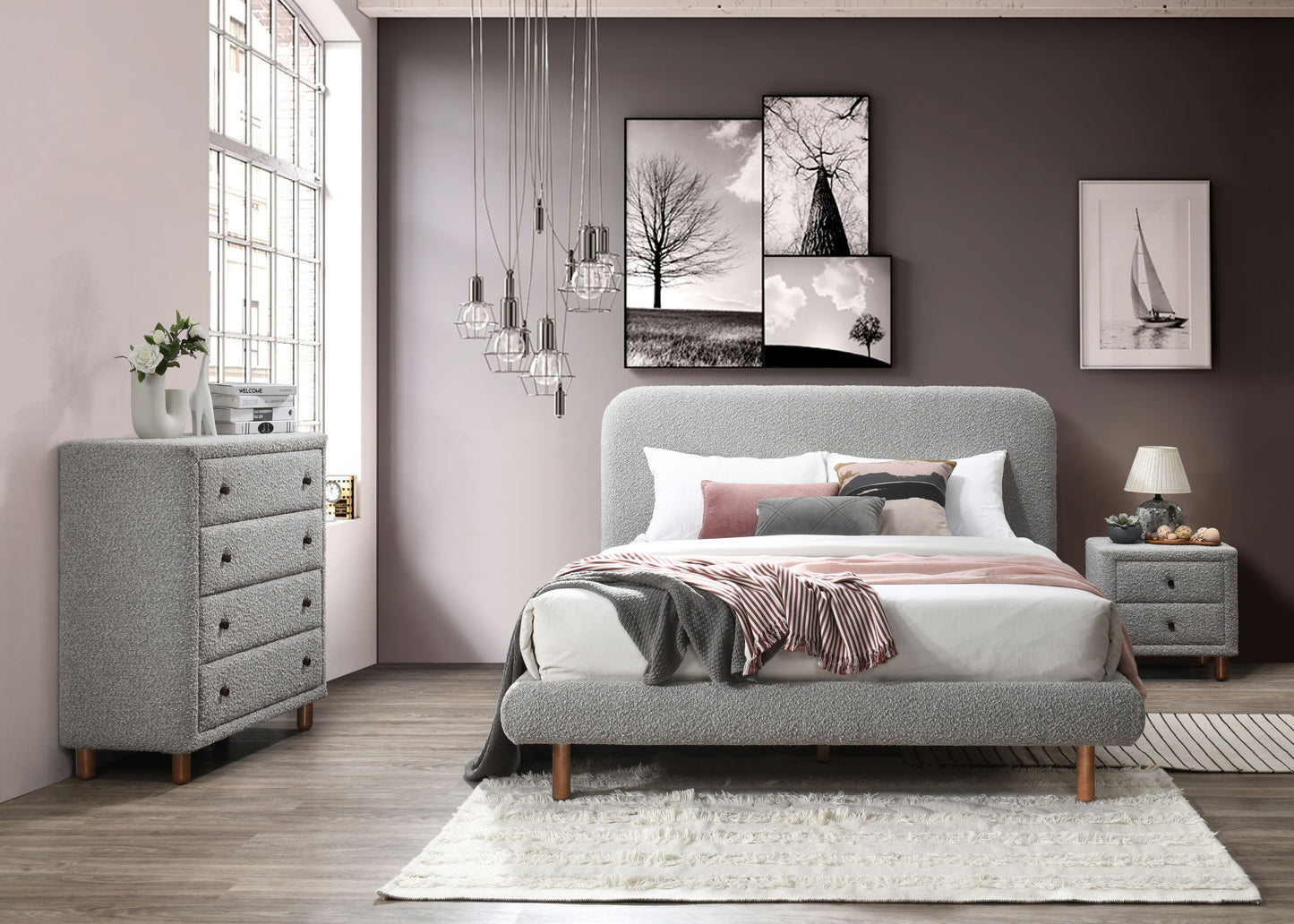Grey Boucle Queen Bed - 88" Upholstered Frame for Bedroom