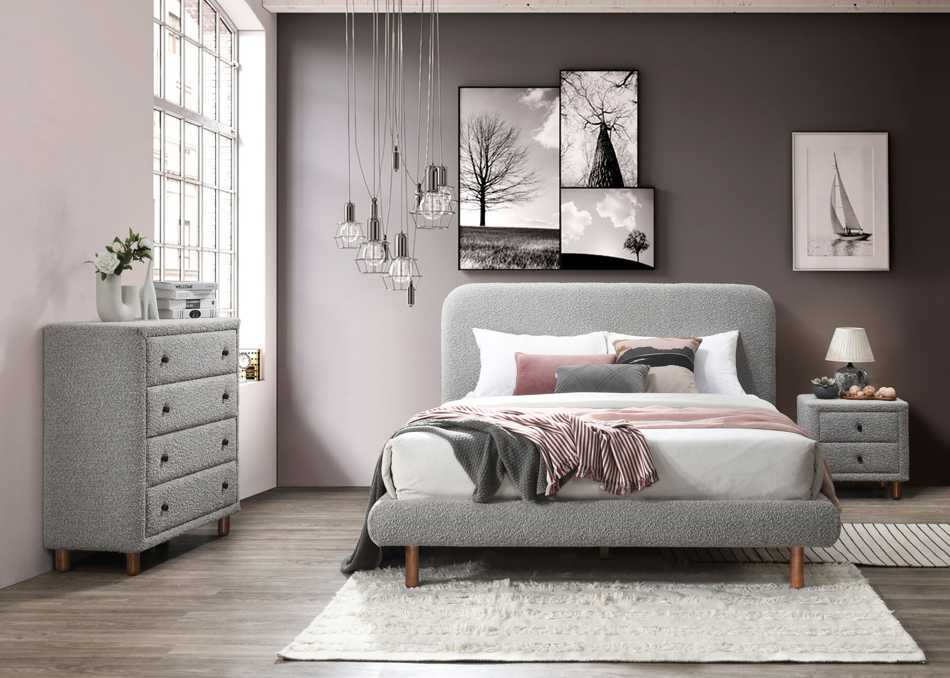 Grey Boucle Queen Bed - 88" Upholstered Frame for Bedroom