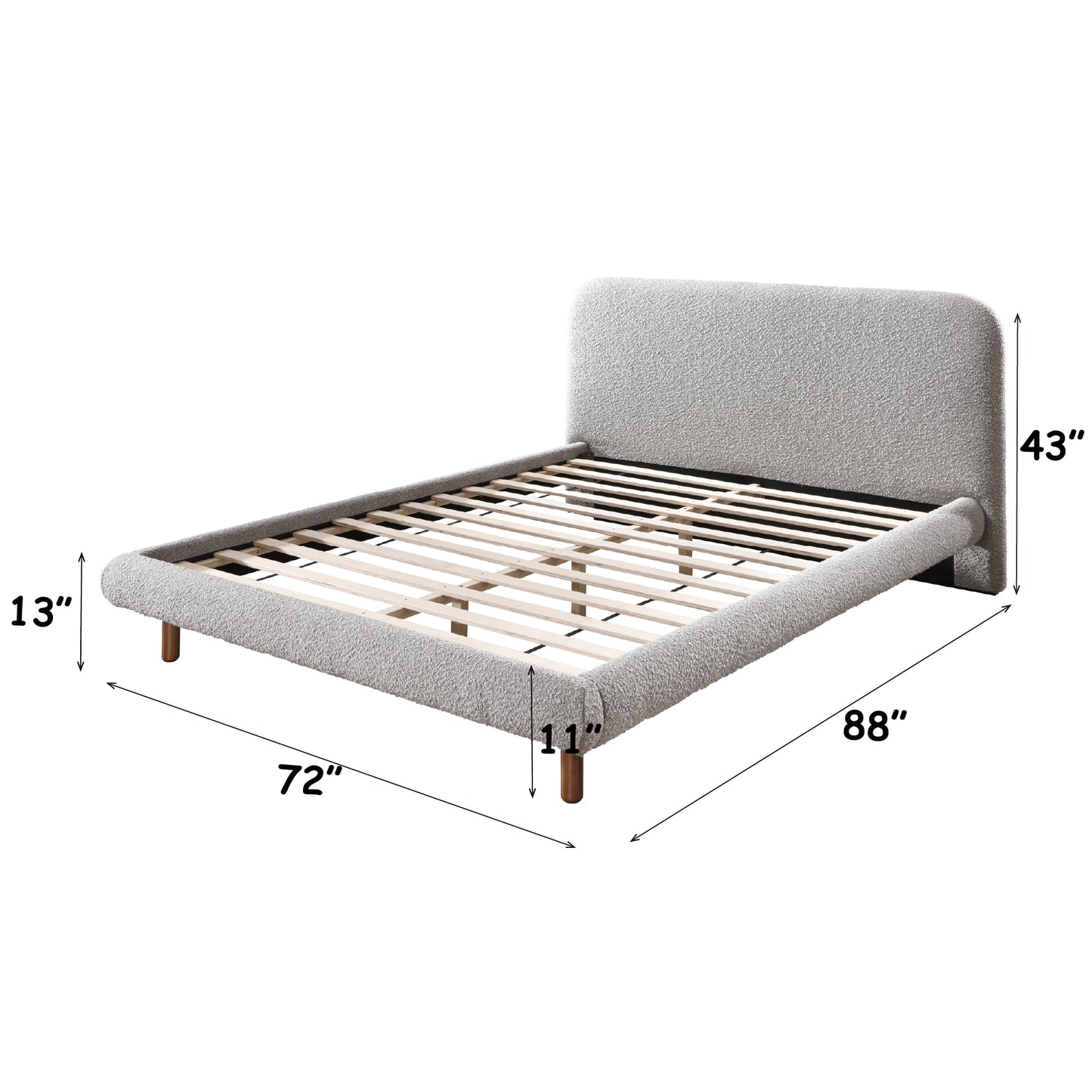 Grey Boucle Queen Bed - 88" Upholstered Frame for Bedroom