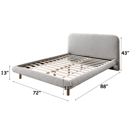 Grey Boucle Queen Bed - 88" Upholstered Frame for Bedroom