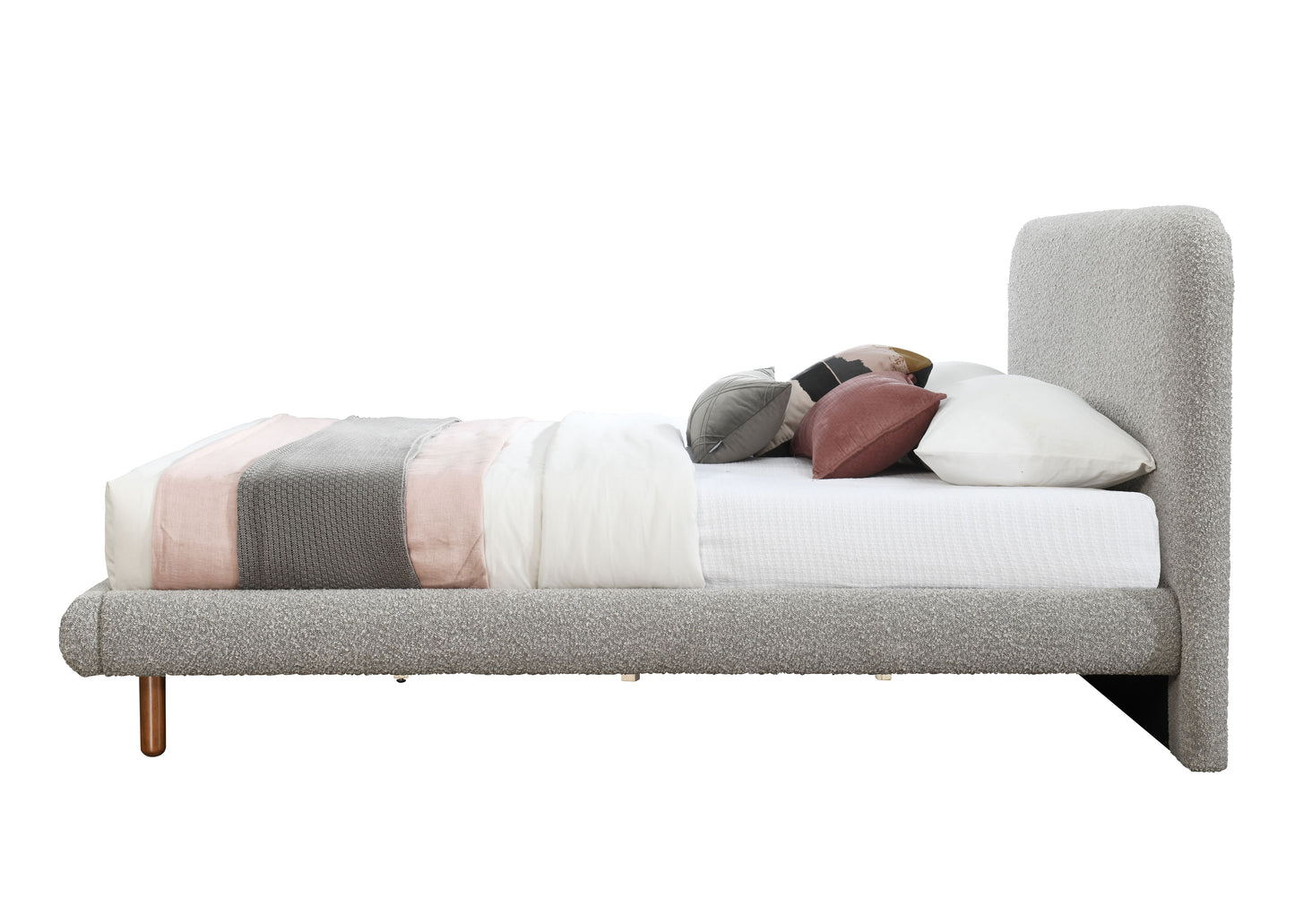 Grey Boucle Queen Bed - 88" Upholstered Frame for Bedroom
