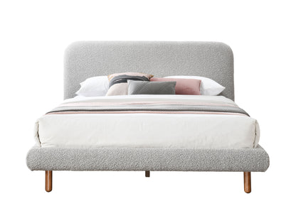 Grey Boucle Queen Bed - 88" Upholstered Frame for Bedroom